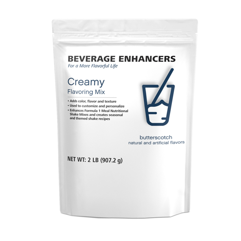 Creamy Flavoring Mix packaging showing Beverage Enhancers for shakes and smoothies with butterscotch flavor.
